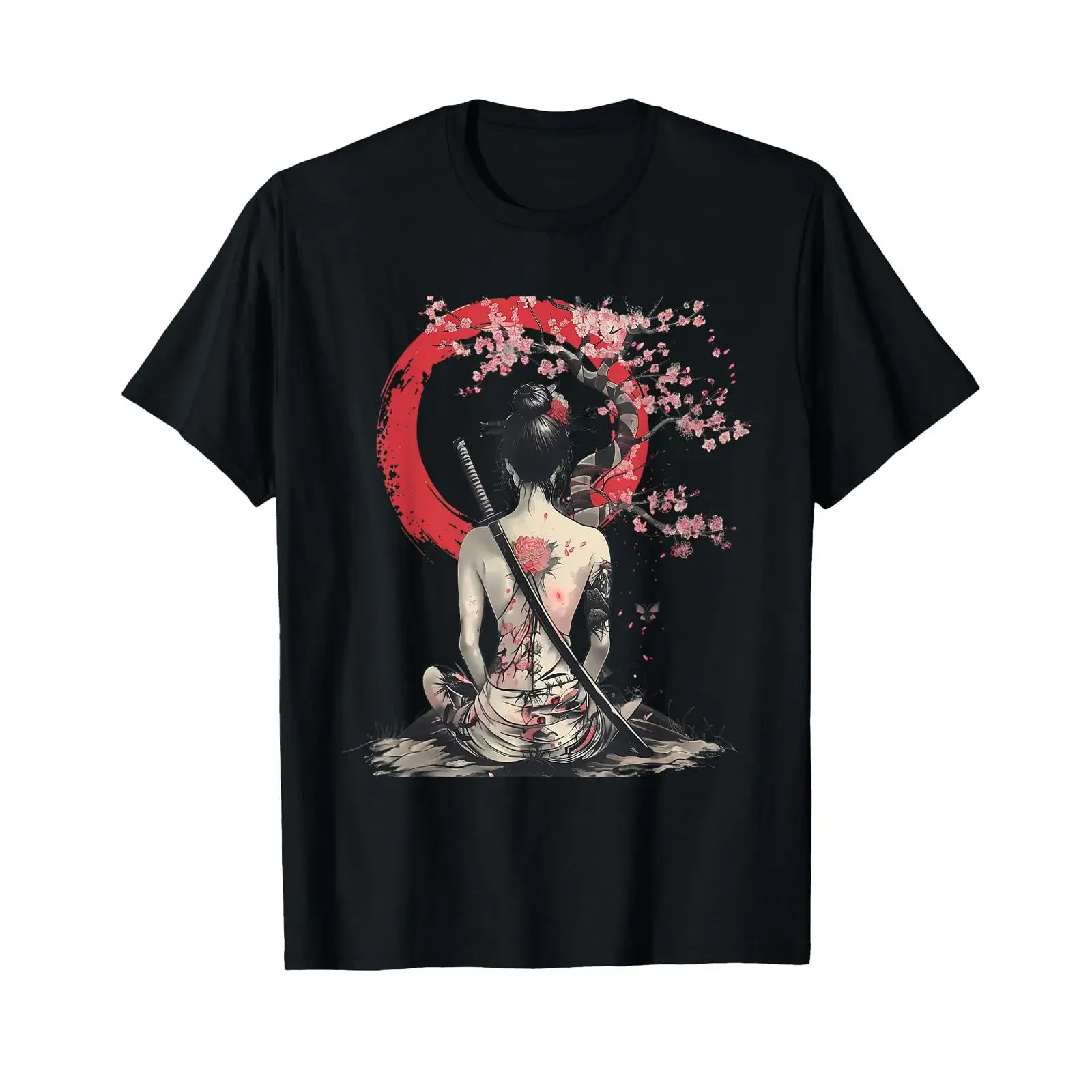 Japanese Samurai Girl Sakura Cherry Blossom Geisha T Shirt vintage Washed Stretched Stylish Casual Breathable Comfortable