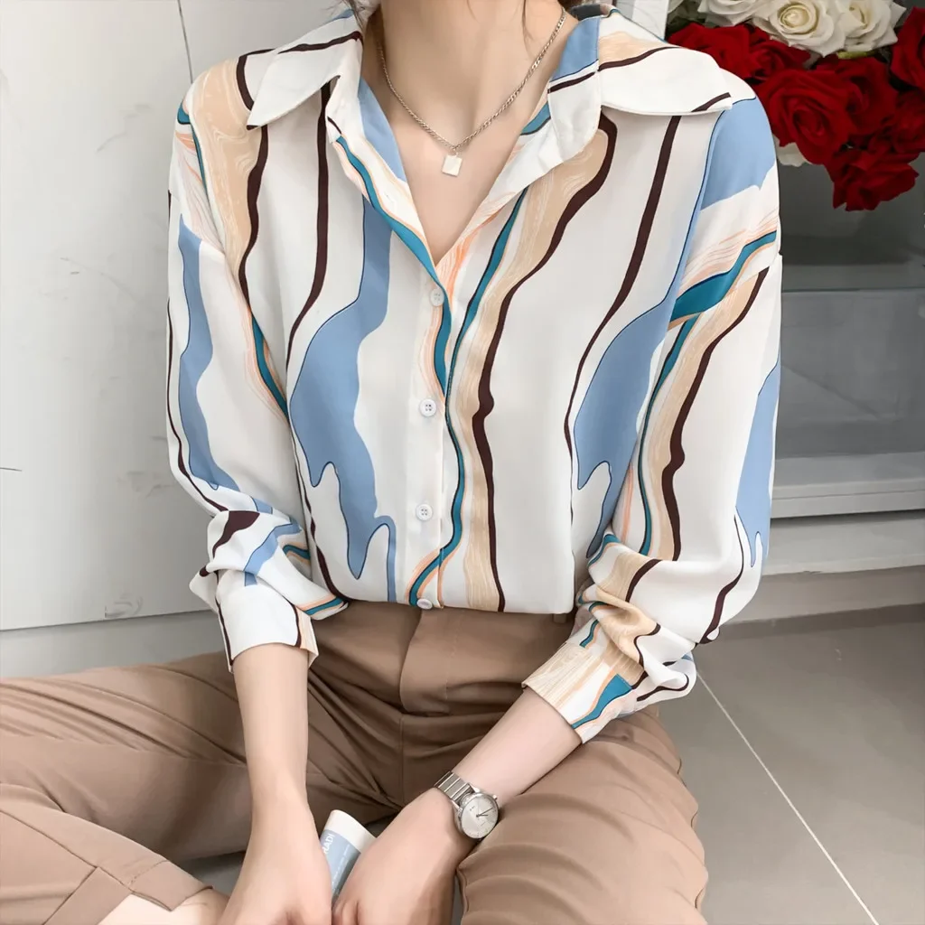 

Lady Long Sleeve Striped Shirt Fashion Korean Style Work Casual for Women Blouse Top