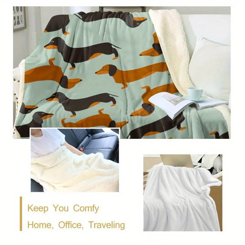 Contemporary Dachshund Pattern Knitted Fleece Sherpa Throw Blanket - Spot-Clean, Soft & Cozy Dual-Sided Decorative Throw