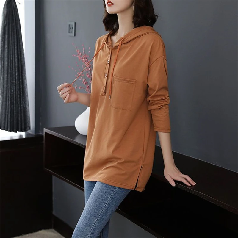 Moletons de manga comprida feminina com capuz, pulôver feminino casual solto, com capuz elegante monocromático, moda coreana, outono, inverno