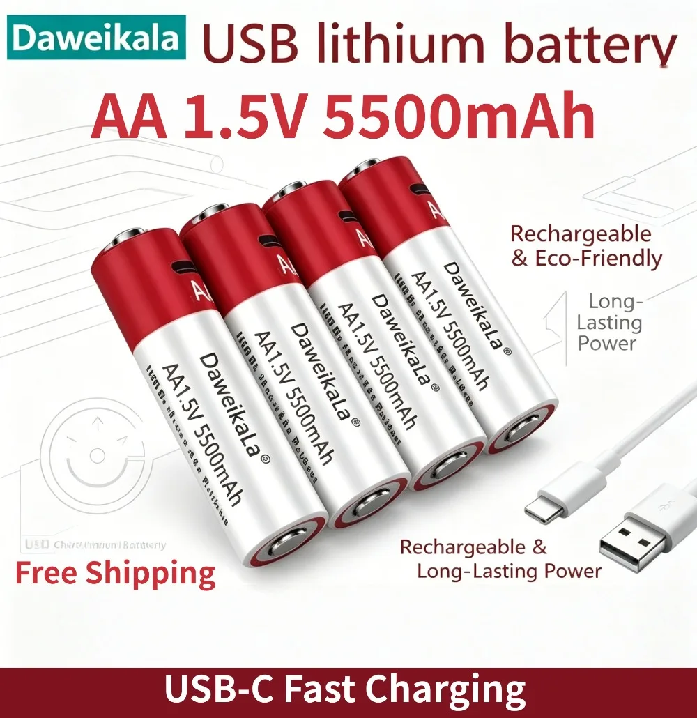 

Portable 1.5V AA 5500mAh USB Rechargeable Lithium Battery Portable Power for Toys, Keyboard, MP3 & Thermometer