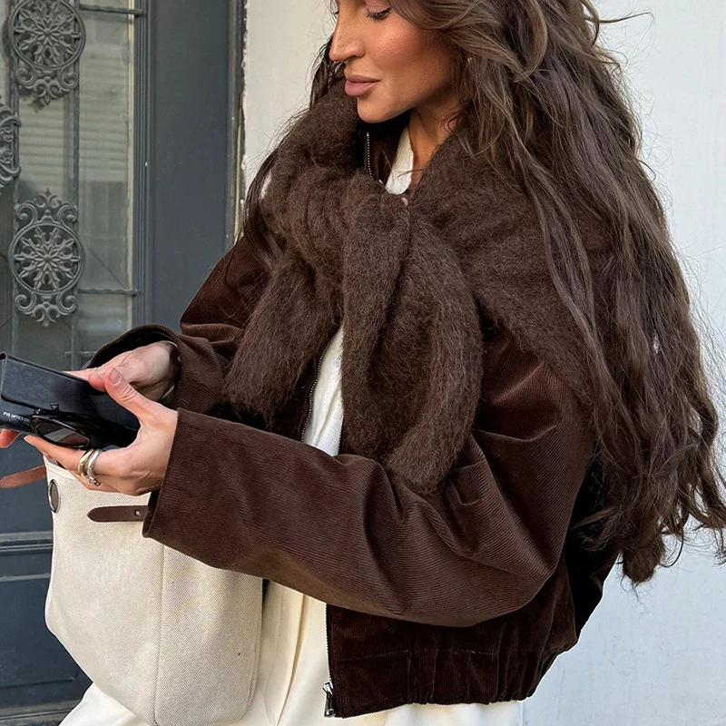 Retro Brown Lapel Jackets Women's Retro Lapel Zipper Long Sleeves Loose Coat Autumn Winter New Leisure Commuting Jacket