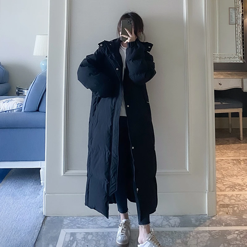 معطف Bla طويل فوق الركبة للنساء من القطن Jaet Thiened معطف الطالب الشتوي Faion Commute Sle زر سحاب لون نقي