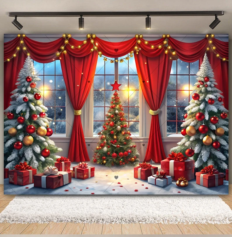 2025 рождественские фоны для фотографий, рождественская елка, красная занавеска, подарок для детей, детский портрет, новогодний декор для вечеринки, фон для студии