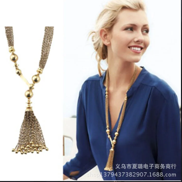 

DIY accessories Cross-border e-commerce European, American gold tassel long necklace sweater chain, exaggerated retro women's ac