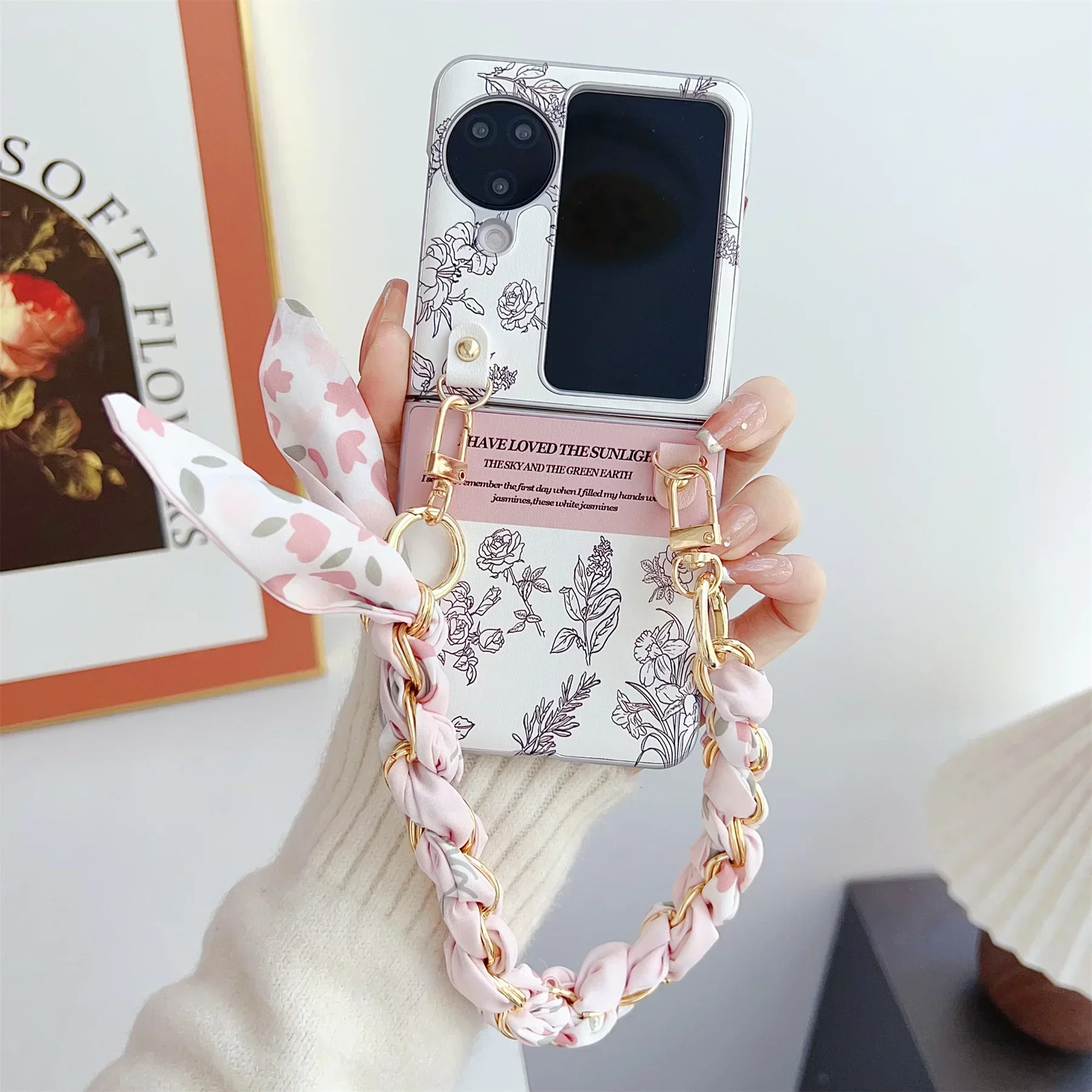 Fashion Korean Sketching Flower Leather Scarf Handheld Wrist Strap Case for OPPO Find N2 FLIP Find N3 Flip Shockproof Back Cover