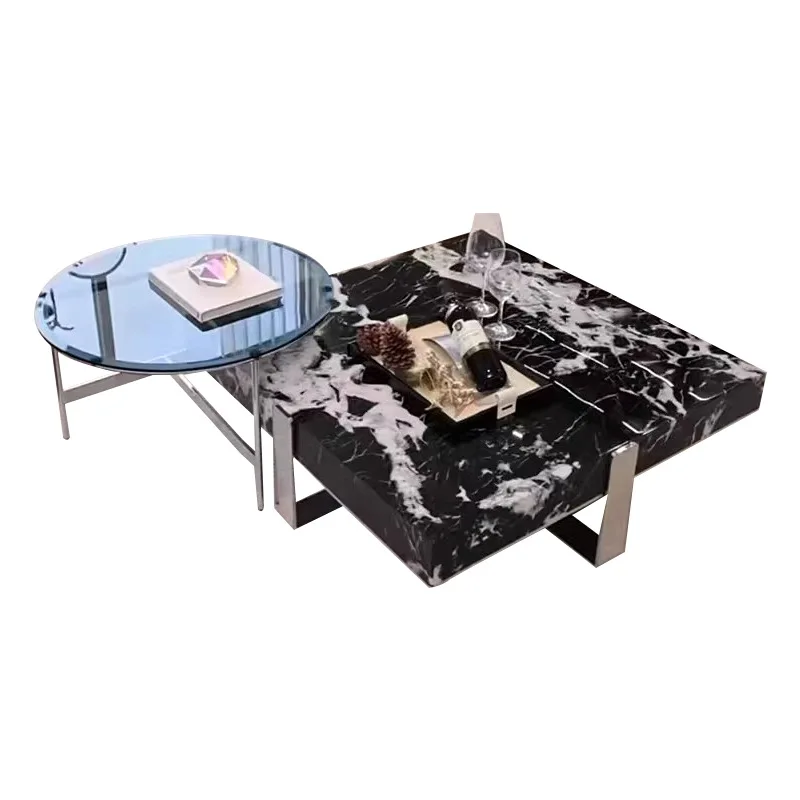 

Marble square coffee table living room household size apartment high-grade stainless steel coffee table side table combination