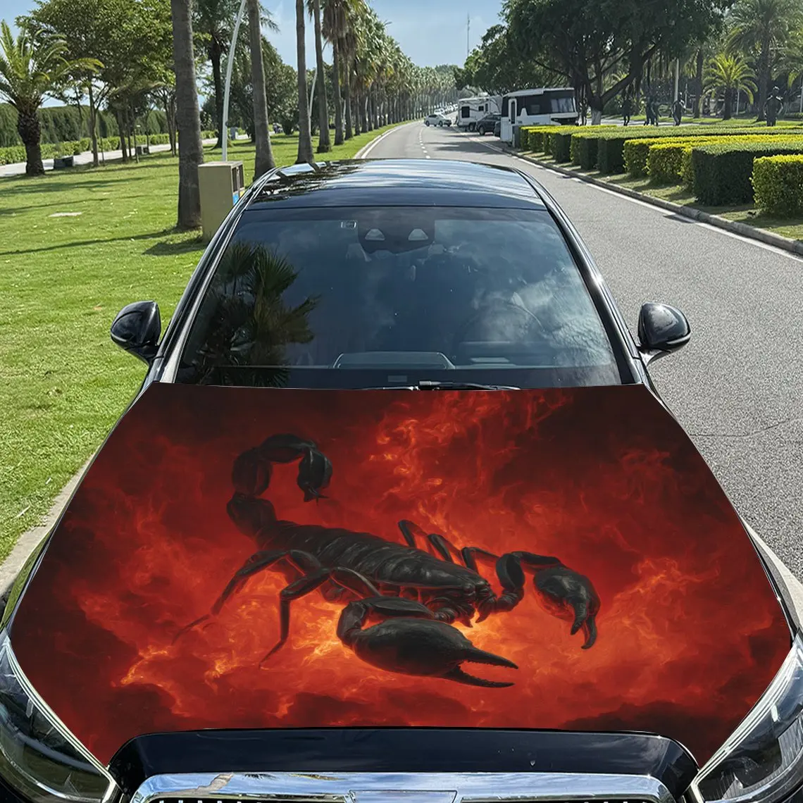 Scarlet Scorpion and Flame Special Effect Car Vinyl Wrap, PVC Material Waterproof Car Hood Sticker, Self-Adhesive Scratch-Resist