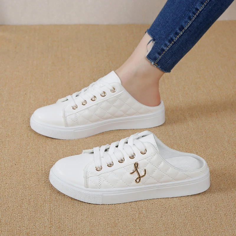 Summer White Half Slippers Women Vulcanization Shoes Female Retro Low Top Flats Breathable Lazy Loafers Outdoor Walking Shoes