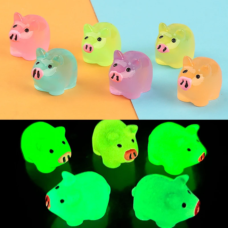 1pc Cartoon Mini Luminous Colored Pig Glowing Resin Figurines Micro Landscape Desktop Ornaments Accessories 12*20mm