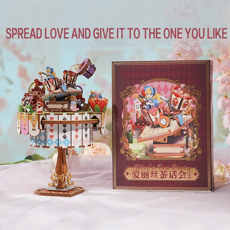 Alice Tea Party Music Box DIY Drewniane zestawy do budowania modeli puzzli 3D z obrotowym stołem Prezent księżniczki dla dziewczynek na urodziny
