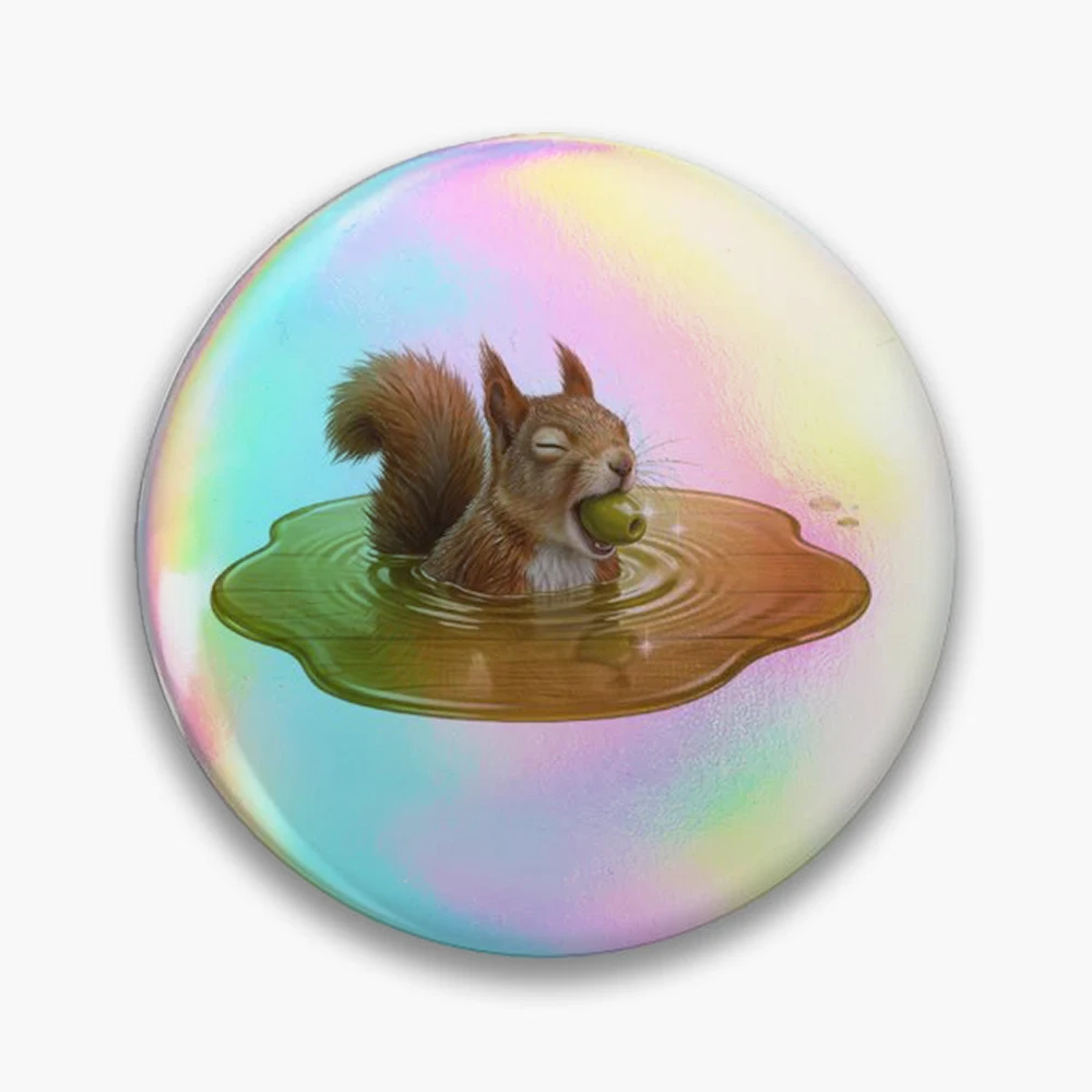 Funny Squirrel Swimming in Olive Oil Cute Whimsical Animal Pin Holographic Star Heart Pin Brooches Laminated Button Fashion Acce