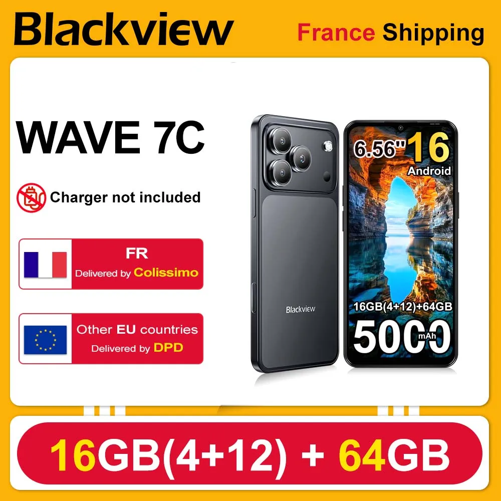 Smartphone Blackview WAVE 7C, écran HD+ IPS 6,56'', batterie 5000 mAh, 16 Go (4+12) + 64 Go, processeur Unisoc, appareils photo 32MP + 13MP, 4G, Android 16, Double SIM
