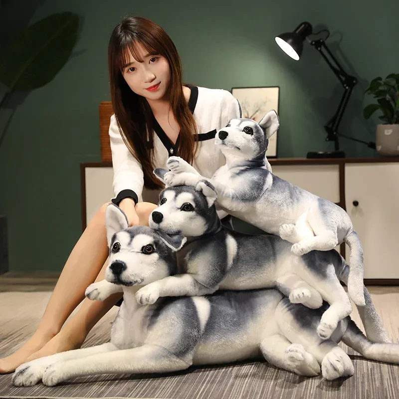 คุณภาพสูงสุนัขจําลองขนาดใหญ่ตุ๊กตาของเล่นตุ๊กตาเหมือนจริง Husky สุนัข Kawaii ตุ๊กตาตกแต่งบ้านการ์ตูนเด็กสาวของขวัญวันเกิด