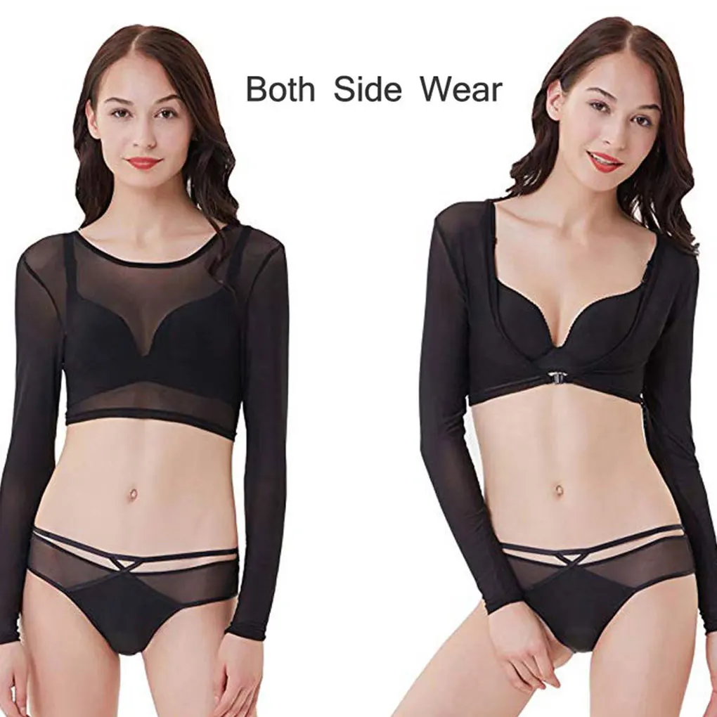 Women Sexy T-Shirt Black Clubwear Sheer Long Sleeve Body Shaping Ladies Compression Blouses Mesh See-through Tops