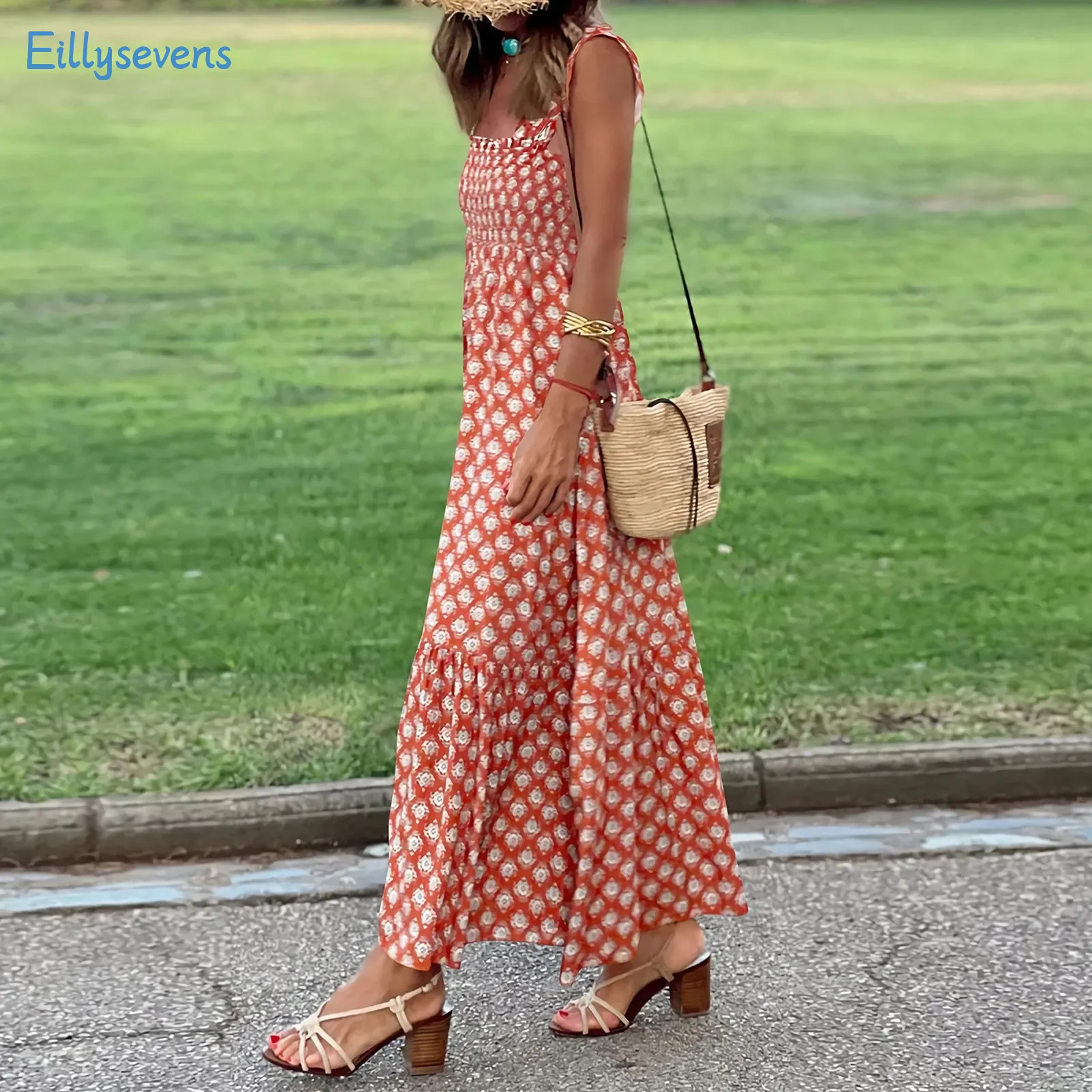 ชุดเดรสหรูหราของผู้หญิงชุดเดรสแขนกุดเอวสูงพิมพ์ลายชนเผ่าชุดเดรสลำลองสไตล์วันหยุดพริ้ว