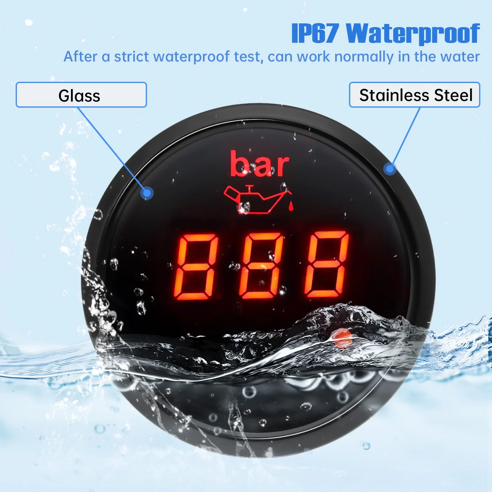 52mm Digital Car Gauge Oil Pressure Gauge 0-10bar With Flashing Alarm Universal 1/8 NPT Pressure Sensor For 12V 24V Car Boat