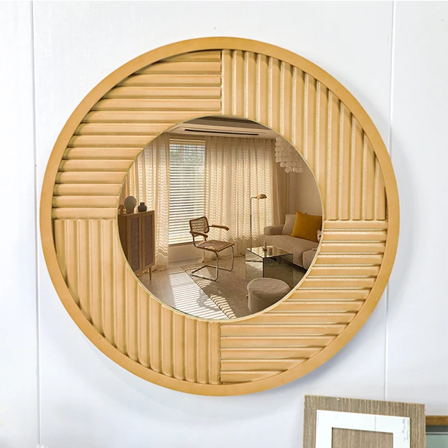 60cm Farmhouse simple indoor wall hanging big wooden frame mirrors large round bamboo wall mirror for bedroom