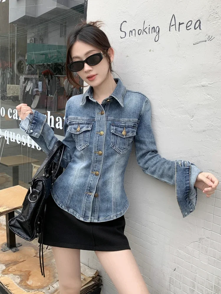 ADAgirl Blue Denim Shirt Jacket for Women Vintage Jeans Cropped Top Spring Autumn Long Sleeve Cardigan Button Up Slim Clothes