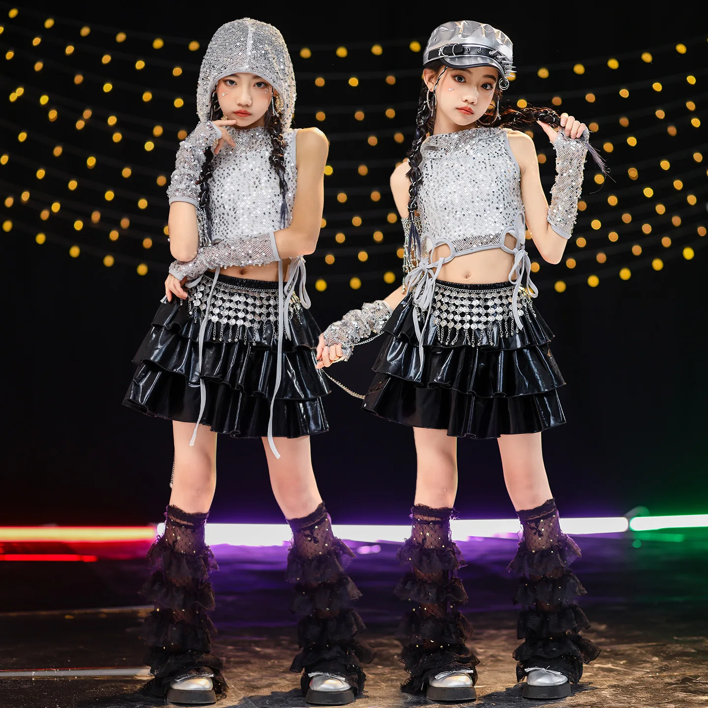 

Kid Kpop Hip Hop Clothing Silver Sequined Hoodie Crop Tank Black Faux Leather Pleated Mini Skirt for Girl Dance Costumes Clothes