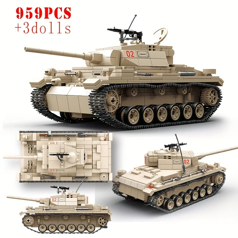 959Pcs Classic Rotating Tracks 3rd Generation Tank Model with 3 Soldiers and Weapons , Military Building Blocks Set