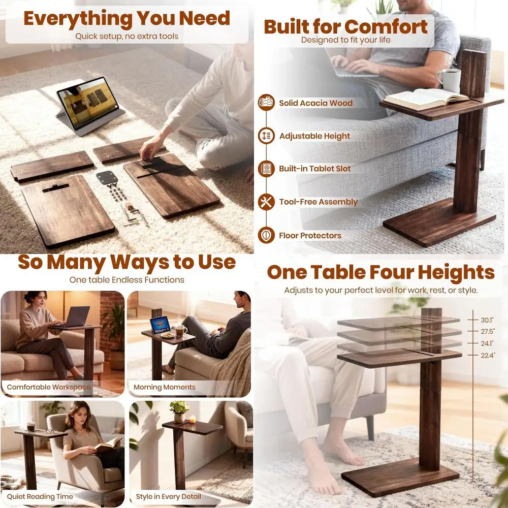 

Solid Acacia Wood Adjustable Height Side Table with Tablet Holder for Sofa and Bed