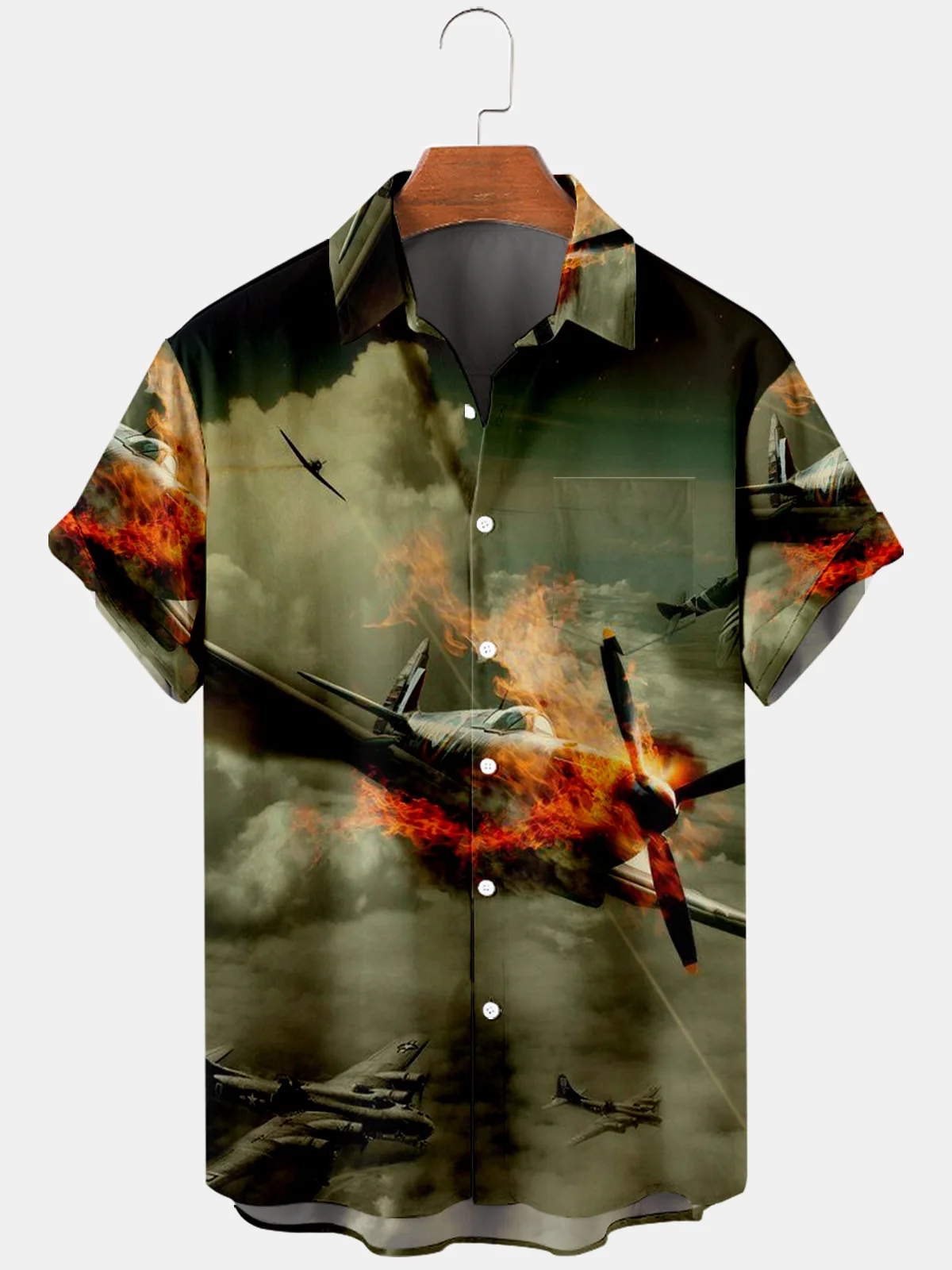 Summer Men's Short Sleeve Green Airplane Printing Shirt New Men's Retro Cardigan Single-Breasted Shirt Clothing