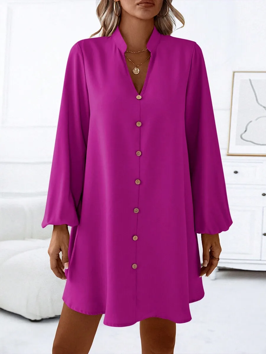 

Purple Lantern Sleeve Shirt Dress With Notched Collar For Women