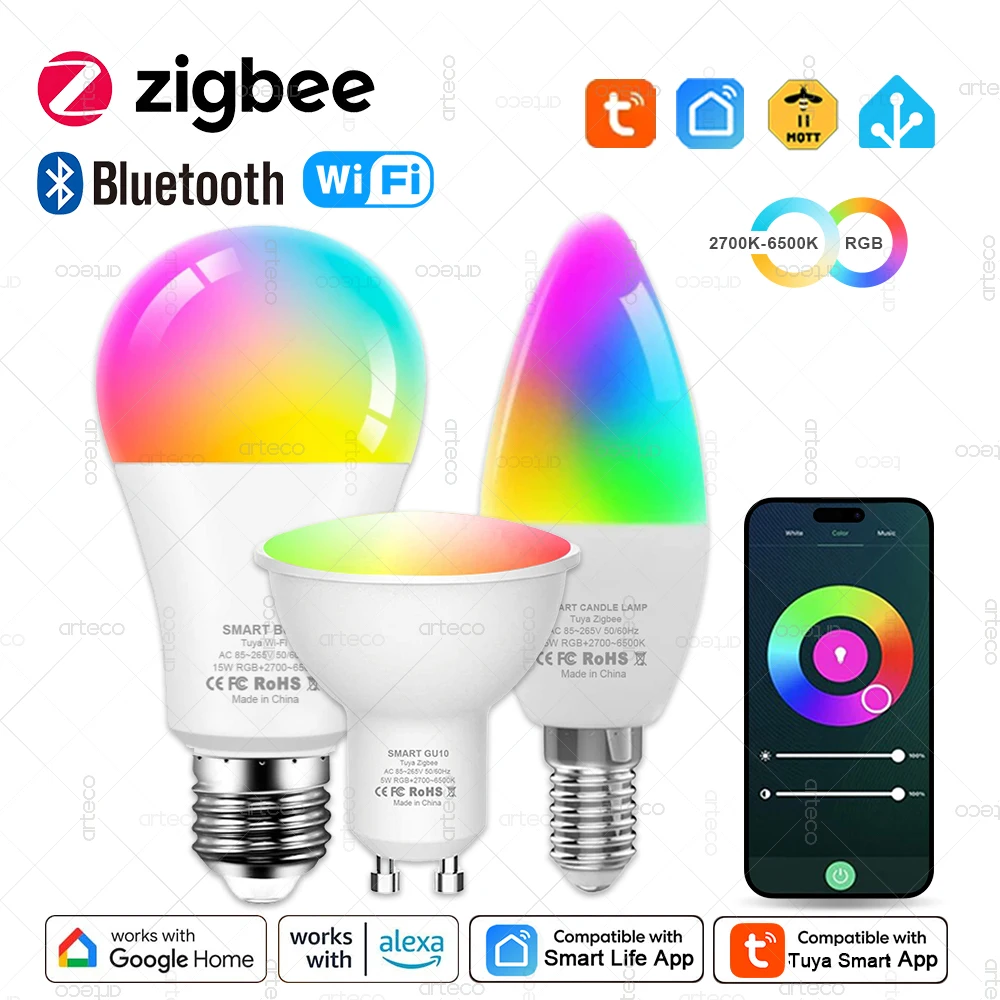 Tuya E27 GU10 E14 Bulb WiFi Zigbee Bluetooth,Dimmable Smart LED Lamp 2700-6500K RGBCW,LED Light Bulb Work With Alexa Google Home
