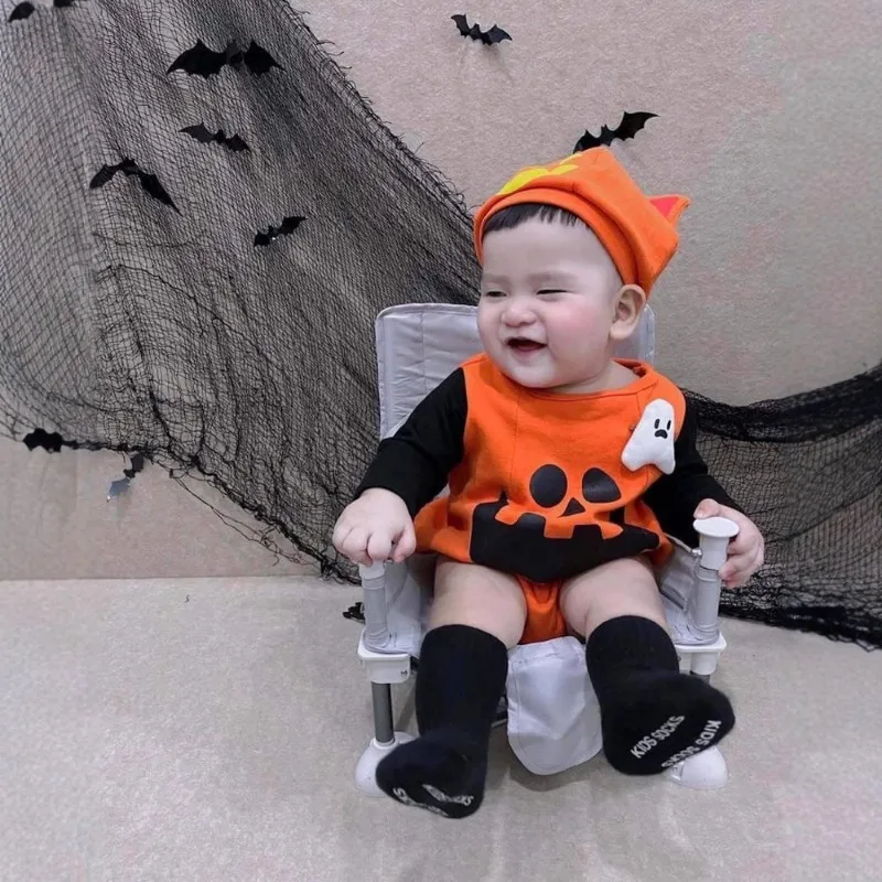 Halloween Baby Bodysuit Outfit Pumpkin Baby Set 3D Ghost Devil Print Romper with Hat Infant Boys Girls Party Carnival Costume