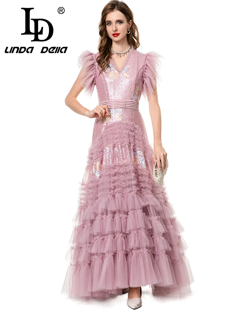 LD LINDA DELL فستان عشاء شبكي مطرز بلون سادة ورقبة على شكل حرف V فستان عشاء مثير للولائم عالي الخصر فستان عصري