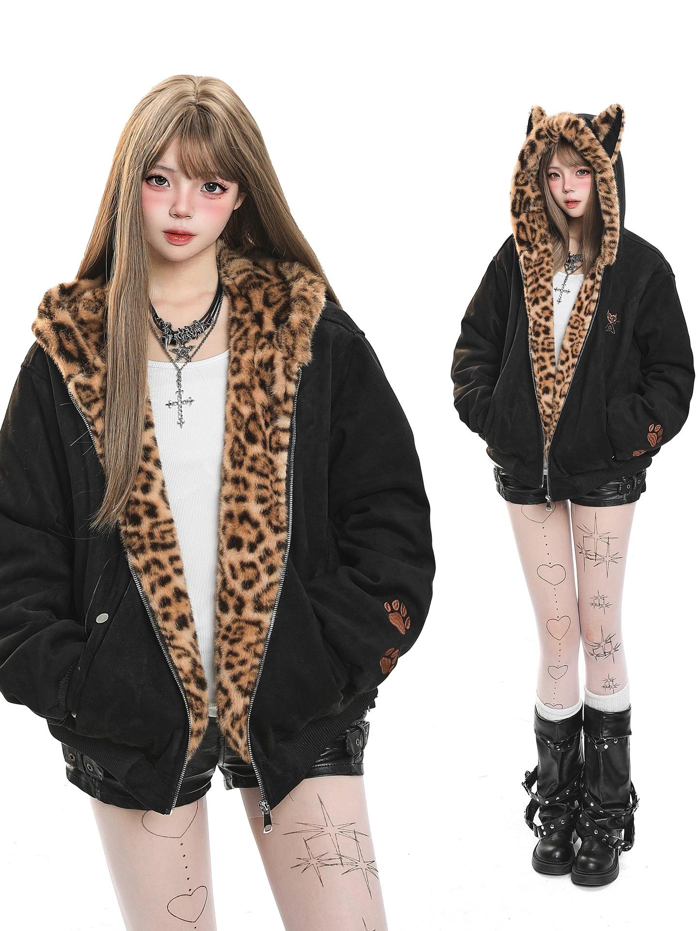 

Retro American Leopard Print Coat with Rabbit Ear Fur Collar And Hood Thiened Warm Cotton Jaet for Women Winter New Sle