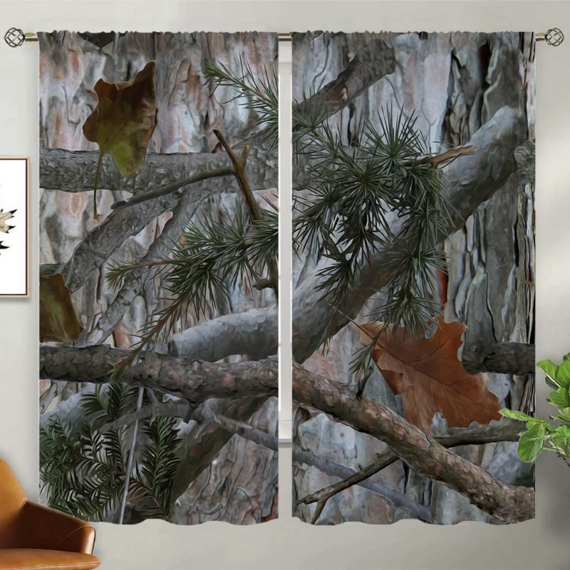 Camo Tree Blackout Curtains for Home Decor,Realistic Forest Camouflage Pocket Thermal Insulated Drapes Darkening Window Curtain