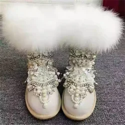 Super fox hair Pearl jeweled fringed sequin fur luxury beaded snow boots handmade custom women's cotton boots 35-42