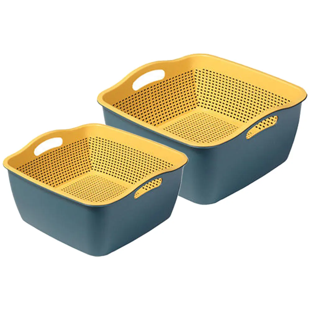 

Nordic Blue Square Large Small Double layer Vegetable Washing Drain Basket Set Kitchen Fruit Storage Strainer Bowl