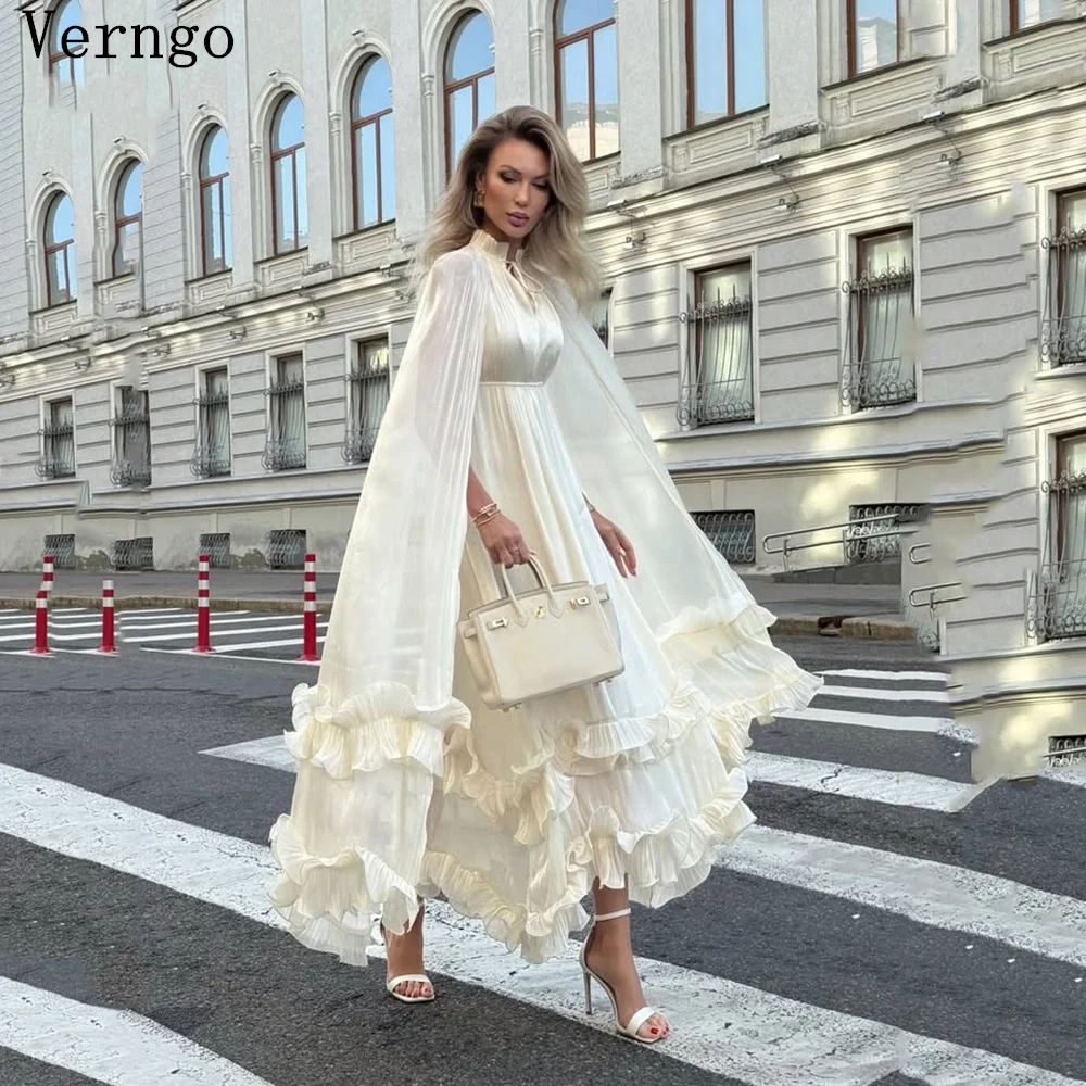 

Verngo lvory Shiny Satin Evening Dress Scraf A Line Formal Occasion Dress Pleated Modern Two Pics Prom Gowns Customized