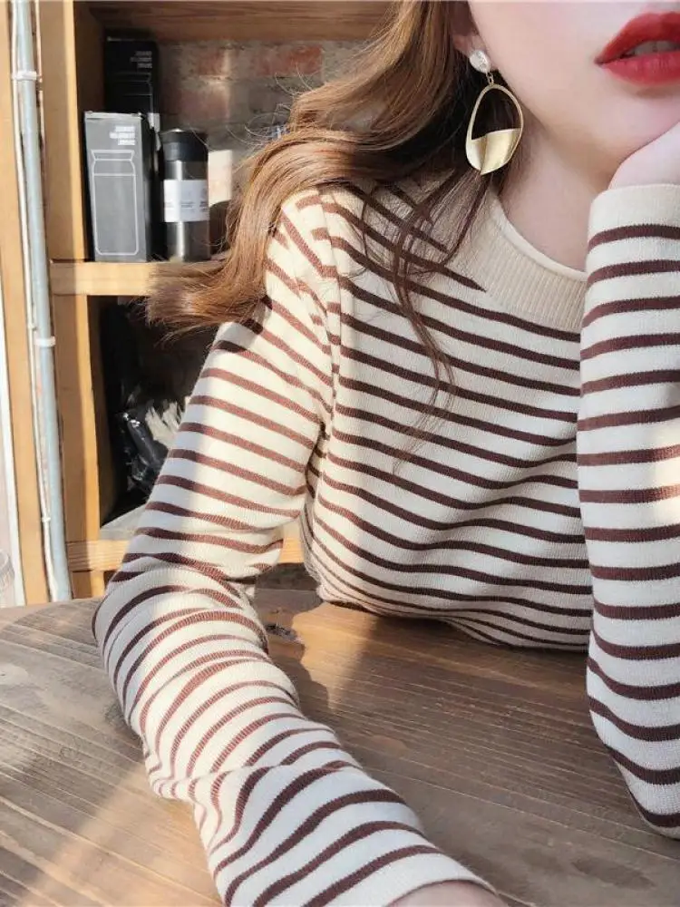 Autumn Winter Women Mock neck Sweaters Pullover Tops Fashion Female Skinny Elastic Long Sleeve Casual Striped Knitted Shirts