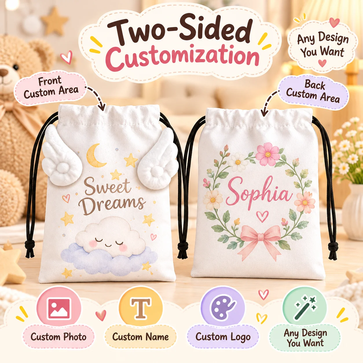 Custom Wing Drawstring Bag 18*13cm, Double Sided Personalized Print Pouch, Custom Your Design Photo Logo Storage Sack Gift Bag