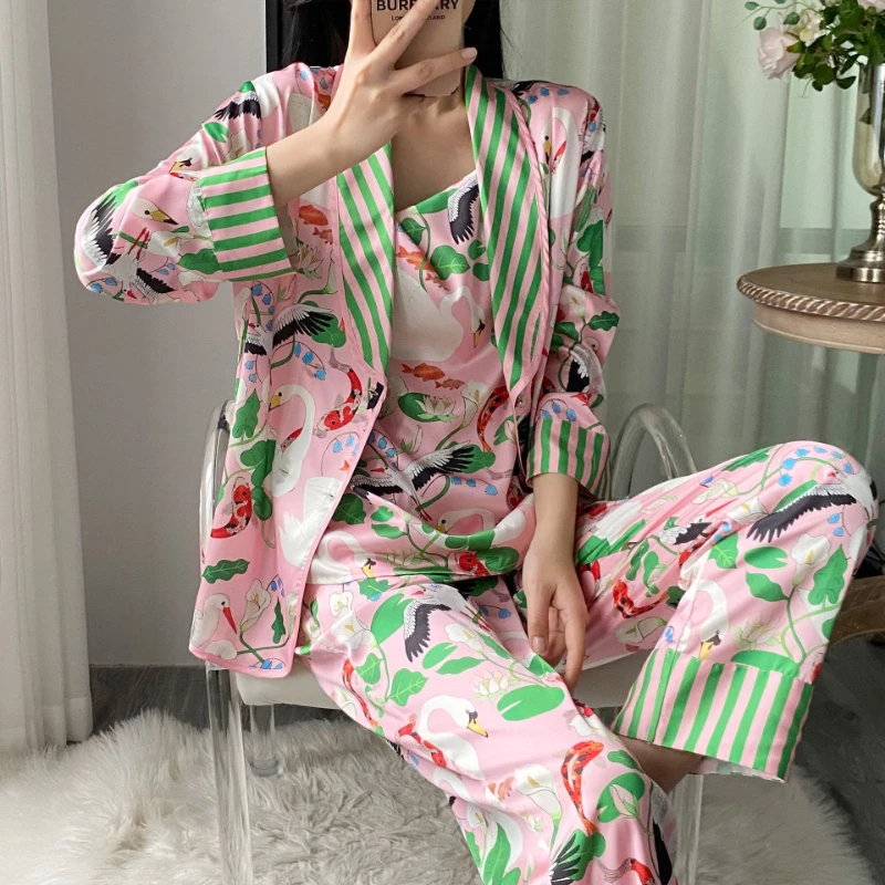 2024 Pink Printed Cartoon Spliced 5-Piece Ice Silk Pajamas Women Spring/Summer Loose Top+Suspended Skirt+Pants Set Home Clothes