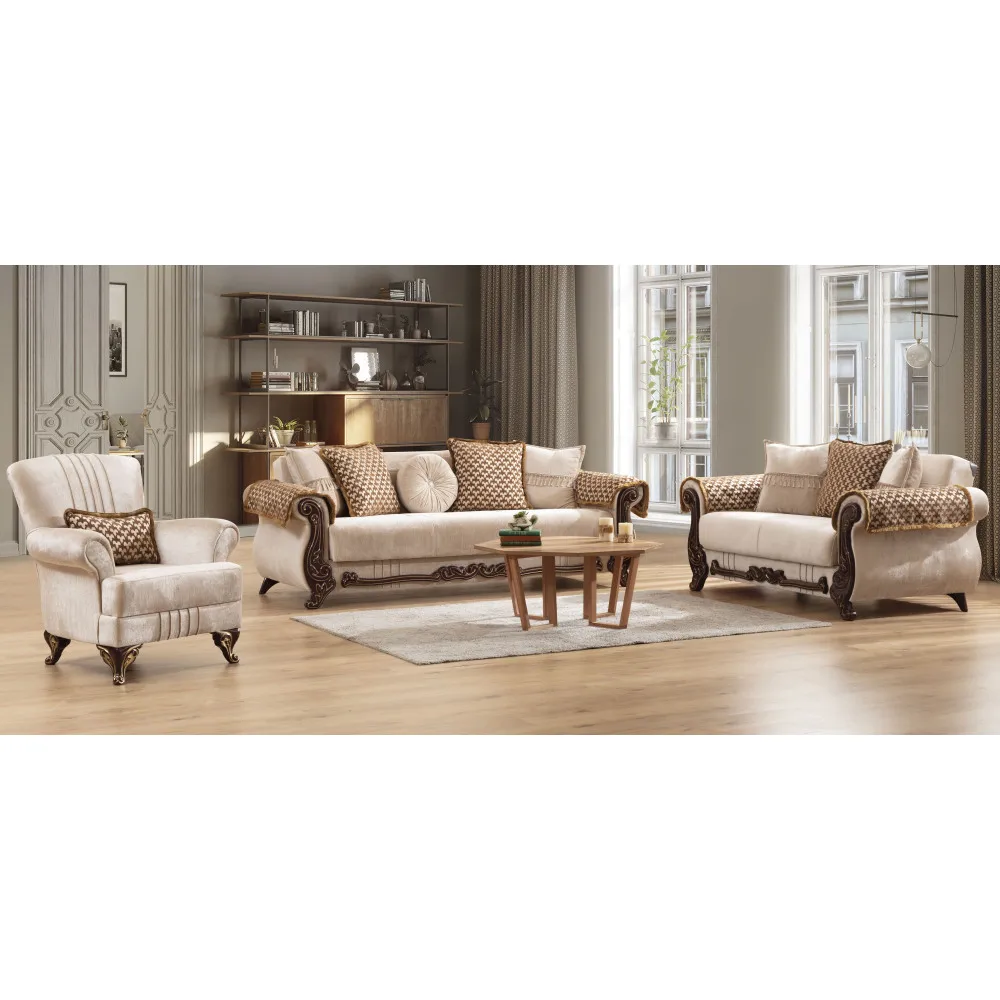 Traditional Style 3 Pc Living Room Set Made with Chenille Upholstery & Wood in Beige Color( Sofa+Loveseat+ Chair)