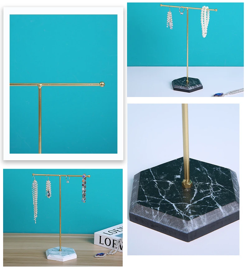 Anting-anting, kalung cincin gelang perhiasan pemegang marmer pola T berbentuk perhiasan Display Organizer pemegang penyimpanan logam rak