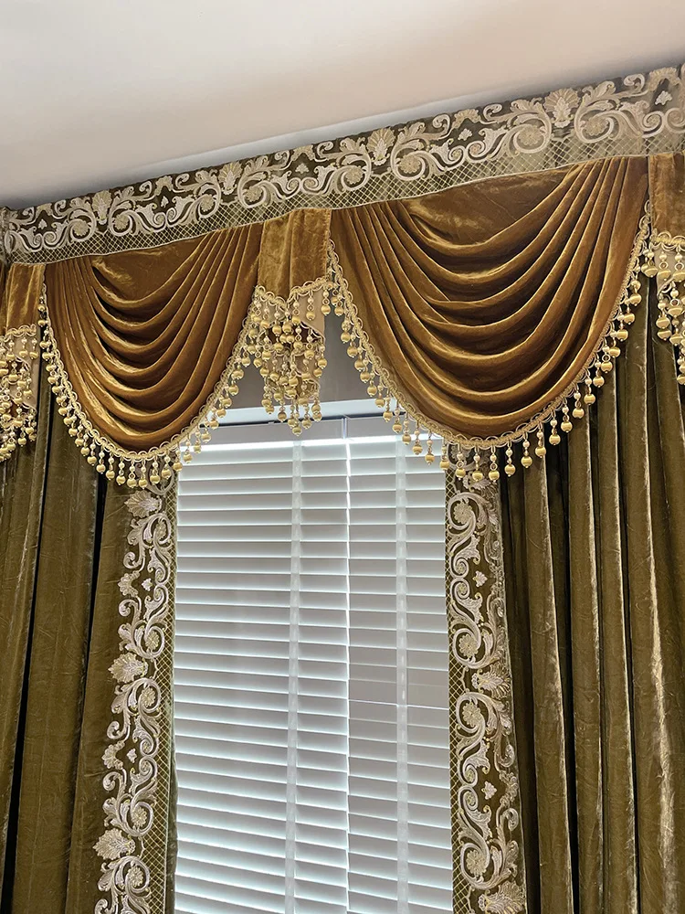 Custom upscale European vintage velvet living room bedroom high window coffee cloth blackout curtain tulle valance drape C1717