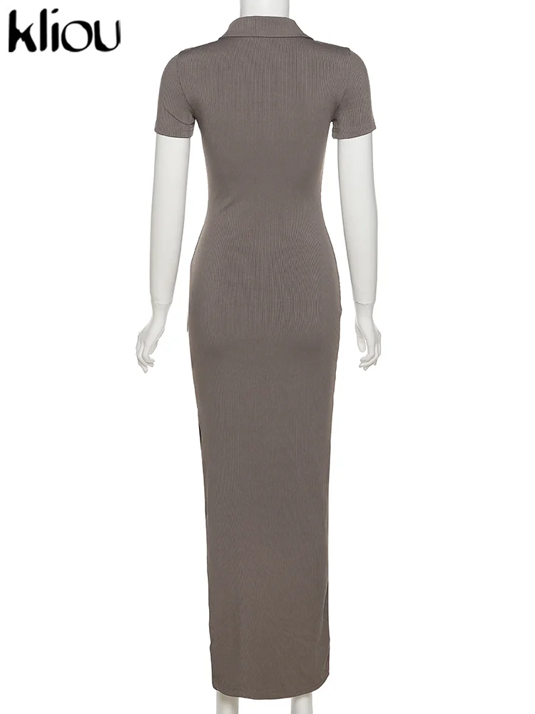Kliou Elegante Büro Dame Maxi Kleid Frauen Solide Mode drehen-unten Kragen Kurzarm Taste Seite Schlitz Körper-gestaltung Straße Robe – Detail 13
