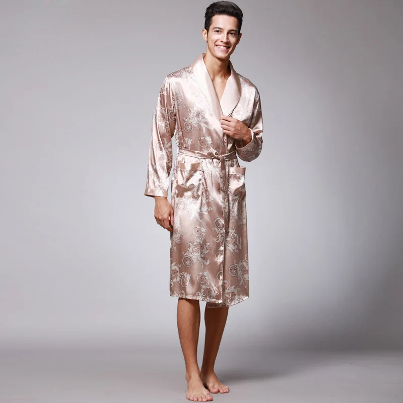 Kimono long en satin pour hommes, robe de bain, dragon doré, longueur aux genoux, vêtements de nuit noirs, été, automne