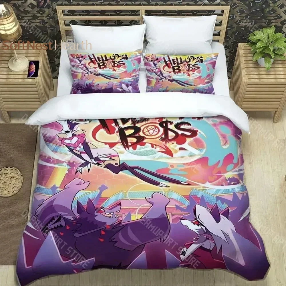 2026 Fashion Comedy Helluva Boss Logo Sheets Quilt Covers Bedding Dormitory Sheets Duvet Cover Set Three-piece Soft Warm Bedding