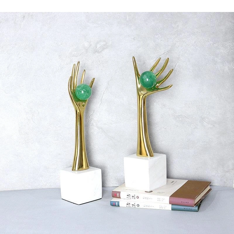 Green Fluorite Decorative Copper Hand Sculpture Crafts Ornaments Living Room Decoration Golden Furnishings Modern Home Decor