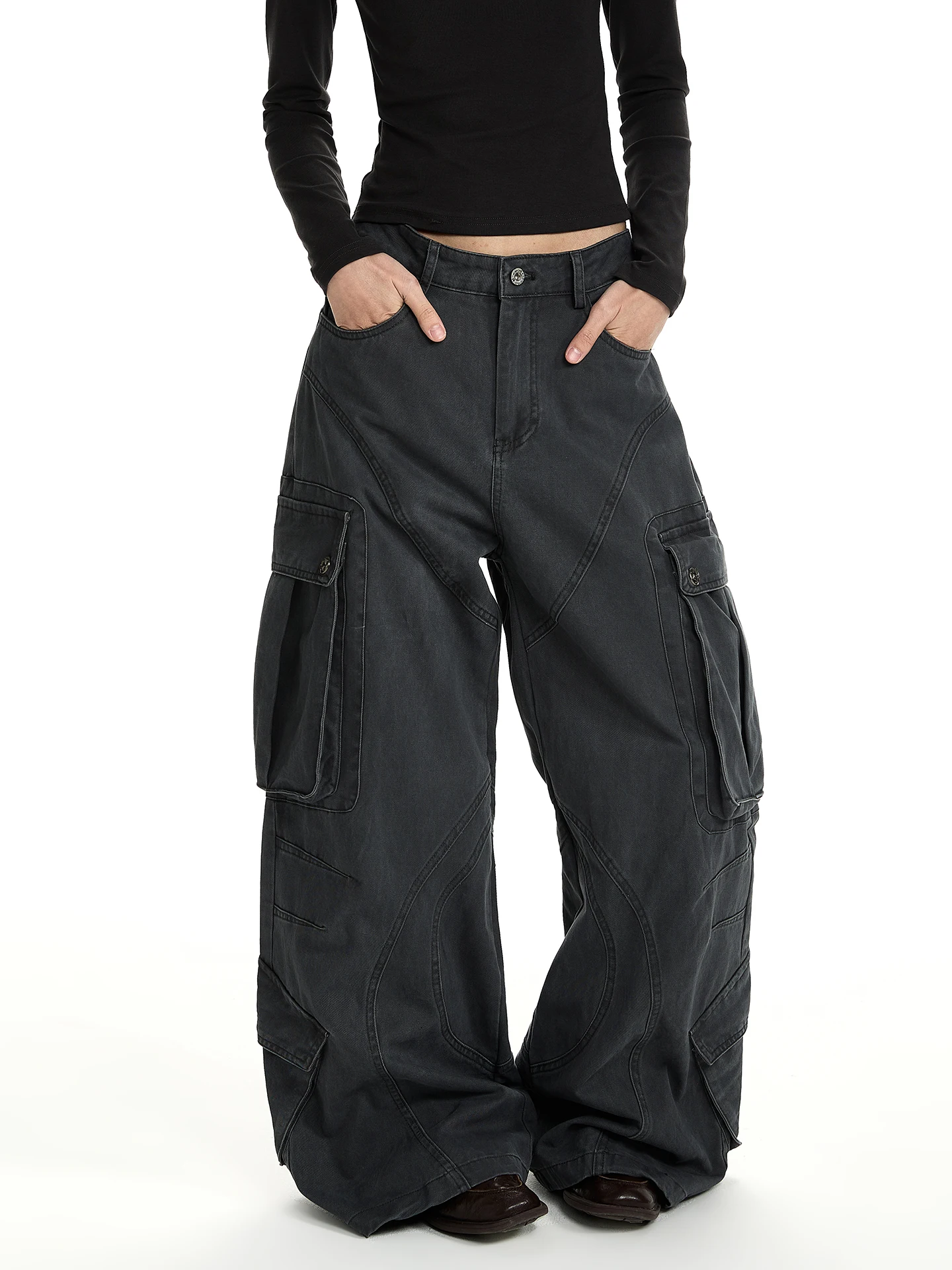 

American Retro Work Pants with Large kets Wide Leg Straight Cut Slimming Versatile Cotton Casual Trousers for Men