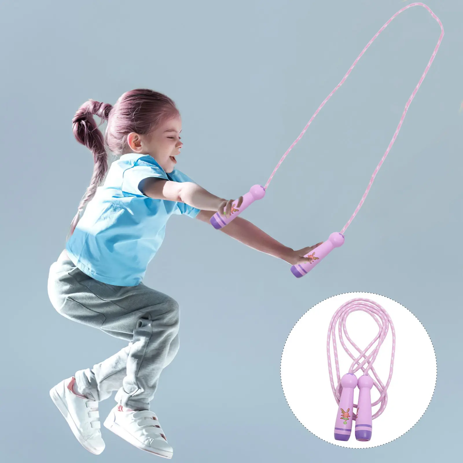 Kids Skipping Rope Adjustable Length No Tools Needed Soft Feel Nylon Rope Rounded Wooden Handles for Physical Education Sports
