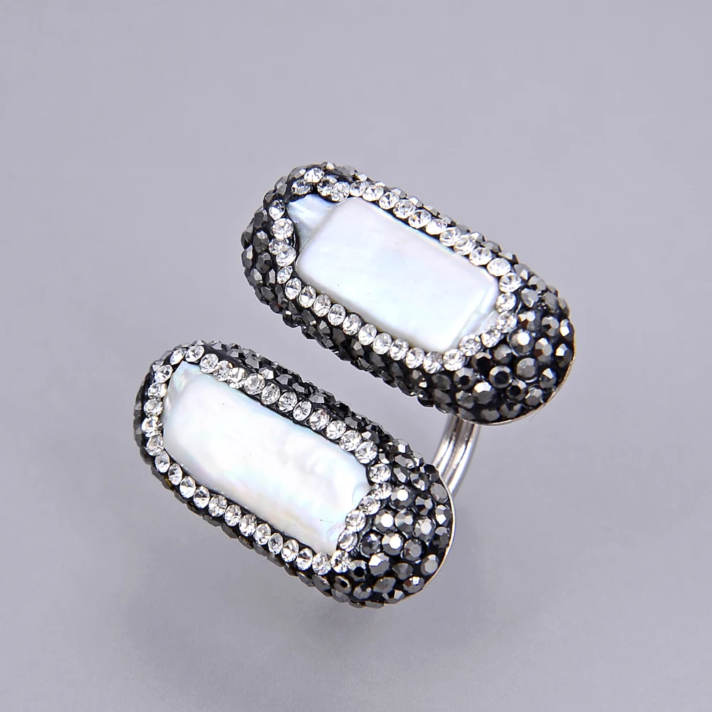 APDGG Natural White Keshi Biwa Pearl Black Macersite Crystal Paved Rings Lady Party Gifts