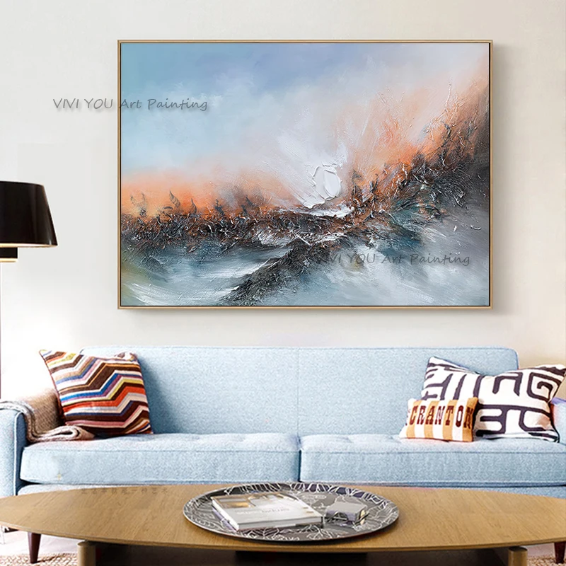 Handpainted Sunset Sea Abstract Textured Impasto Oil Painting on Canvas Horizontal Wall Art For Living Room Decor